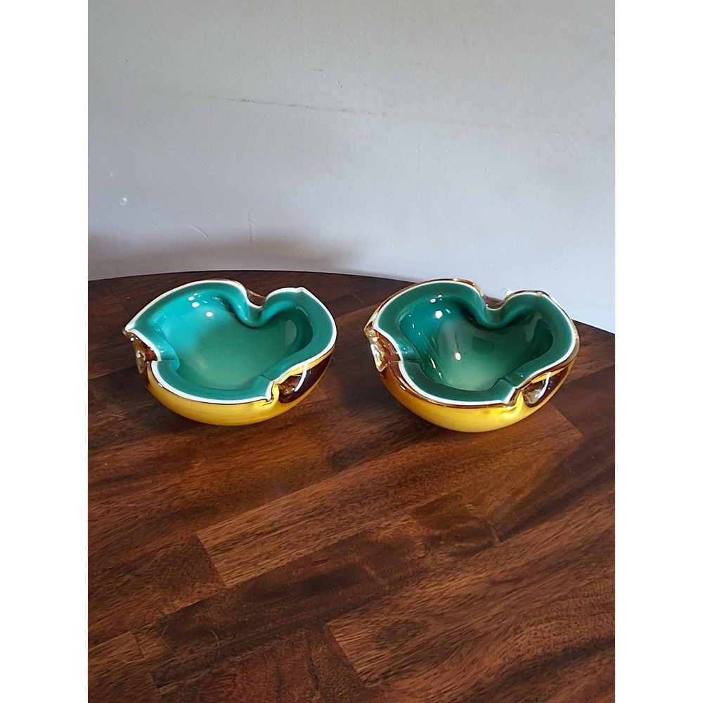 Vintage Murano Style Art Glass Ashtray Set Yellow Green Cased Glass See Pictures
